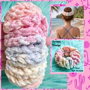 Handmade Crochet VELVET Pastel Beach Sunset Hair Scrunchie PinkRainCloud